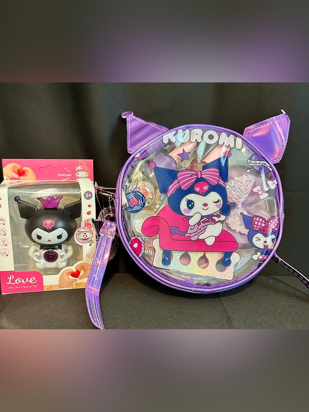 Kuromi Purple Clear Crossbody Beauty Bag and talking toy